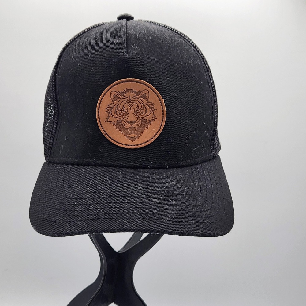 Black Trucker Hat Tiger Leather Patch Mesh Back Adjustable Mens One‎ Size